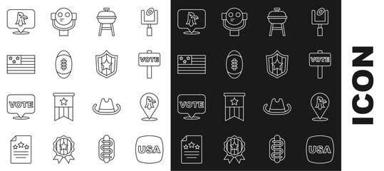 Set line USA Independence day, Eagle, Vote, Barbecue grill, American Football ball, flag, and Shield with stars icon. Vector