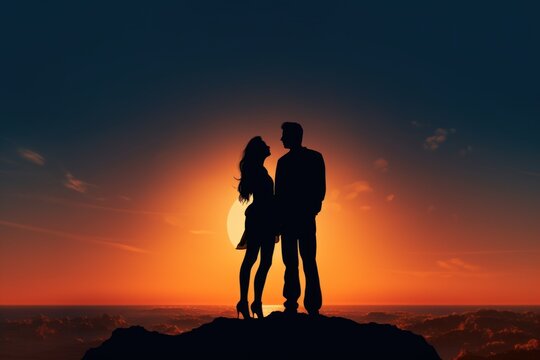 A silhouette of a man and woman standing on a mountain at sunset
