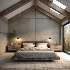 Interior design of modern bedroom in attic with wooden beams, lining and concrete walls