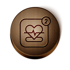 Brown line Smartphone with heart rate monitor function icon isolated on white background. Wooden circle button. Vector