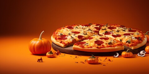 delicious pizza on orange background, halloween theme, restaurant promo