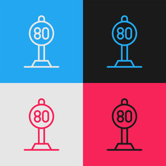 Pop art line Speed limit traffic sign 80 km icon isolated on color background. Vector