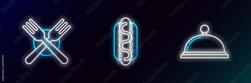 Canvas Prints Set line Covered with a tray of food, Crossed fork and Hotdog sandwich mustard icon. Glowing neon. Vector