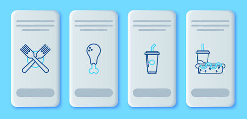 Set line Chicken leg, Paper glass with drinking straw and water, Crossed fork and hotdog icon. Vector