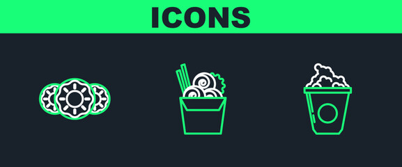 Set line Popcorn in cardboard box, Donut with sweet glaze and Asian noodles paper and chopsticks icon. Vector