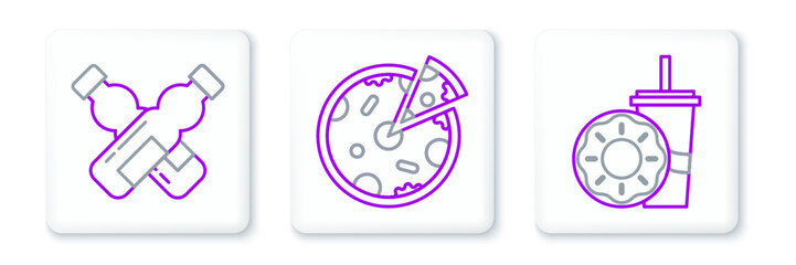 Set line Paper glass with drinking straw and donut, Crossed bottle of water and Pizza icon. Vector