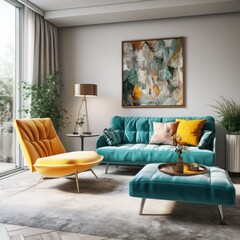  Interior design of modern living room with turquoise sofa and chair