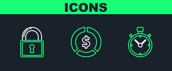 Set line Stopwatch, Lock and Coin money with dollar symbol icon. Vector