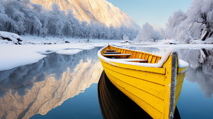 Yellow wooden rowing boat on a calm lake in winter landscape - Powered by Adobe