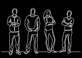 Zelfklevend Fotobehang continuous line drawing vector illustration with FULLY EDITABLE STROKE of business team as a concept of team work startup group of professionals on black background © OneLineStock