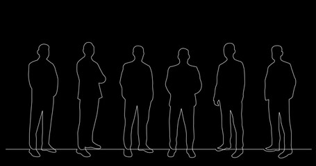 continuous line drawing vector illustration with FULLY EDITABLE STROKE of business team as a concept of team work startup group of professionals on black background