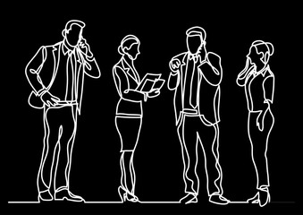 continuous line drawing vector illustration with FULLY EDITABLE STROKE of business team as a concept of team work startup group of professionals on black background