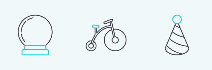 Set line Party hat, Magic ball and Vintage bicycle with one big wheel and one small icon. Vector