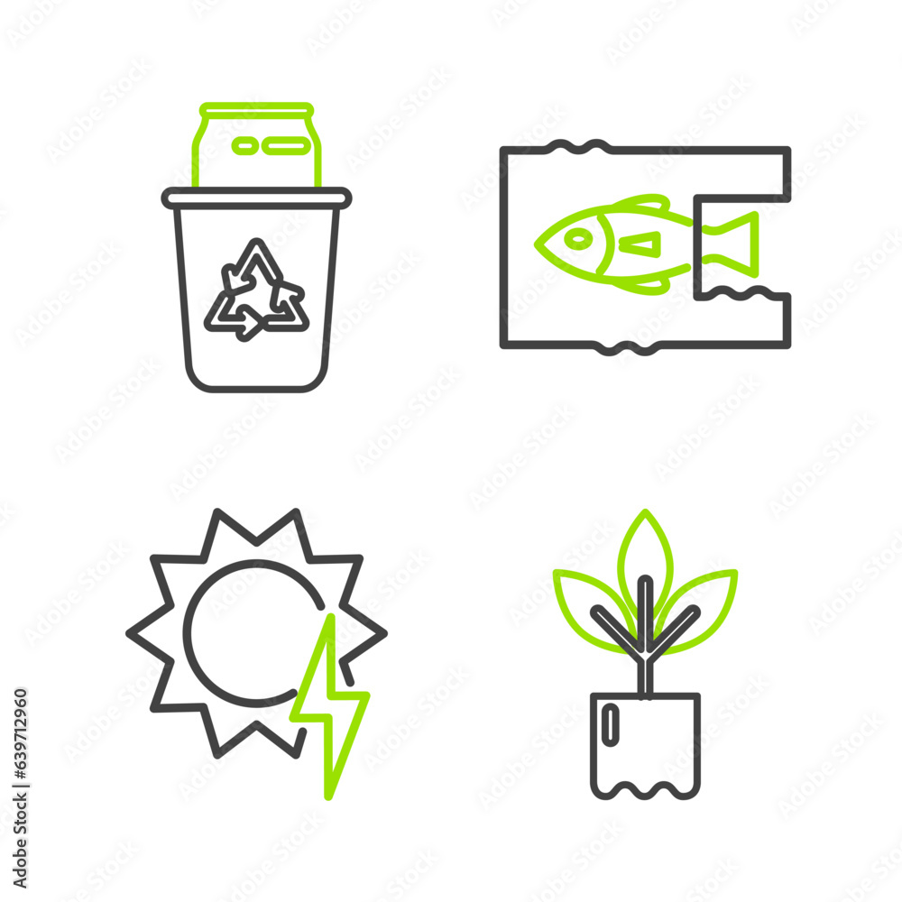 Sticker Set line Plant in bottle, Solar energy panel, Stop ocean plastic pollution and Recycle bin with recycle symbol and can icon. Vector