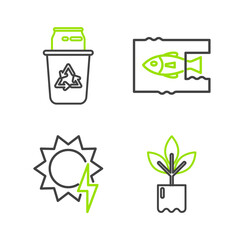 Set line Plant in bottle, Solar energy panel, Stop ocean plastic pollution and Recycle bin with recycle symbol and can icon. Vector