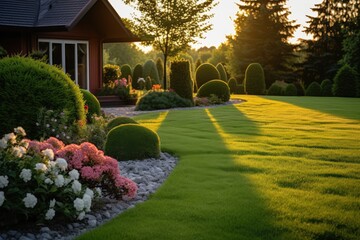 Beautiful manicured lawn backyard grass - obrazy, fototapety, plakaty