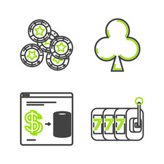 Set line Slot machine with lucky sevens jackpot, Online casino chips exchange on stacks of dollars, Playing card clubs symbol and Casino icon. Vector