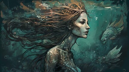 Beautiful mermaid siren of the sea with long curly hair. The mermaid swimming underwater in the deep blue sea. Fantasy woman real mermaid. Myth mystic magic fairy tale concept. - obrazy, fototapety, plakaty