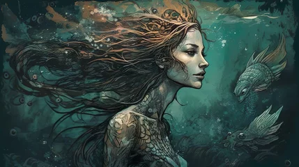 Foto op Plexiglas Beautiful mermaid siren of the sea with long curly hair. The mermaid swimming underwater in the deep blue sea. Fantasy woman real mermaid. Myth mystic magic fairy tale concept. © Irina