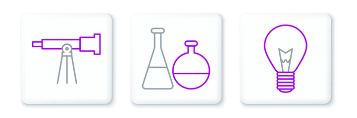 Set line Light bulb with concept of idea, Telescope and Test tube and flask chemical laboratory icon. Vector