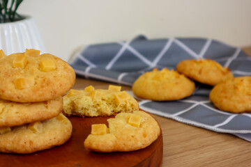 Homemade cheese baked cookies on the wooden table