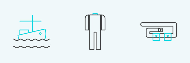 Set line Diving belt, Fishing boat on water and Wetsuit for scuba diving icon. Vector
