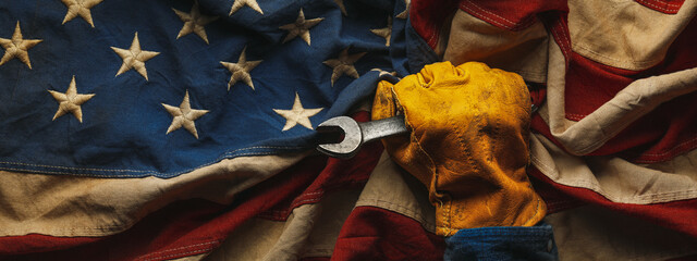 Worn work glove holding wrench tool and gripping old US American flag. Celebrating the American workforce or blue collar workers. Made in USA, or Labor Day concept. - 639713501