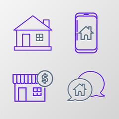 Set line House building in speech bubble, with dollar symbol, Mobile phone smart home and icon. Vector
