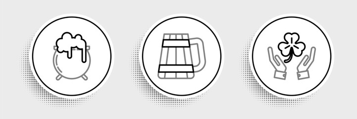 Set line Human hands holding four leaf clover, Witch cauldron and Wooden beer mug icon. Vector