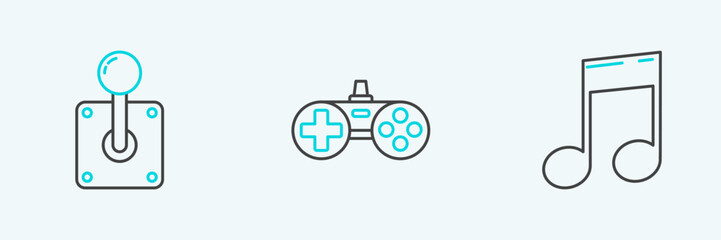 Set line Music note, tone, Joystick for arcade machine and Gamepad icon. Vector