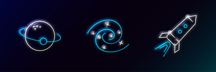 Set line Rocket ship with fire, Planet and Black hole icon. Glowing neon. Vector