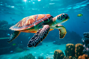 Obraz premium A turtle swims in the sea