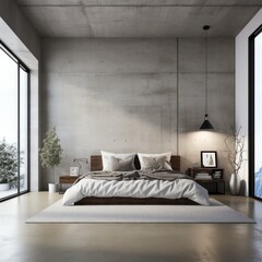 Loft minimalist style interior design of modern bedroom with concrete wall and ceiling