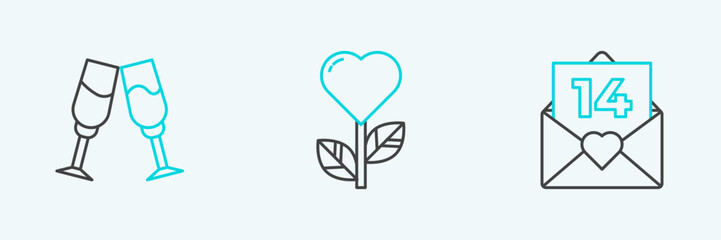 Set line Envelope with Valentine heart, Glass of champagne and Heart shape flower icon. Vector