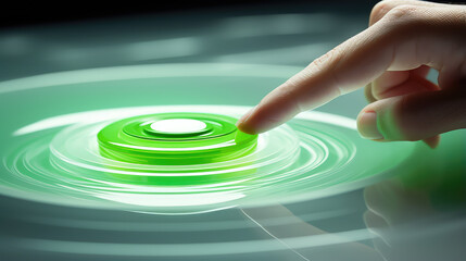 Fototapeta na wymiar Closeup of hand, Finger pressing button, ripples out from button, futuristic style, white and green colors. 3d render illustration style.