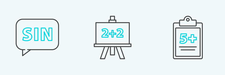 Set line Test or exam sheet, Mathematics function sine and Chalkboard icon. Vector