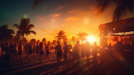 Photo of a vibrant sunset beach scene with a large crowd of people enjoying the beautiful view