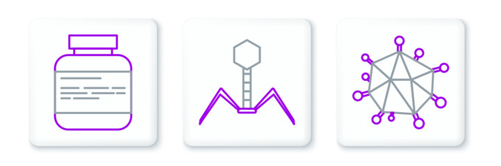 Set line Virus, Medicine bottle and pills and Bacteria bacteriophage icon. Vector