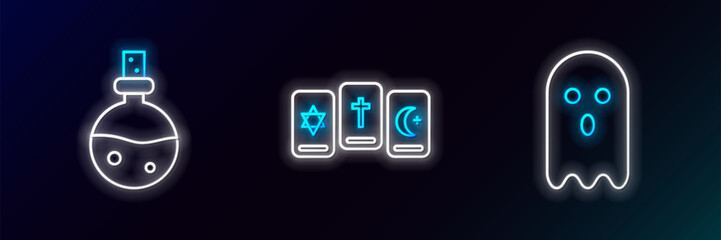 Set line Ghost, Bottle with love potion and Three tarot cards icon. Glowing neon. Vector