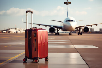 Luggage in airport with airliner plane on the background. Creative vacation banner.