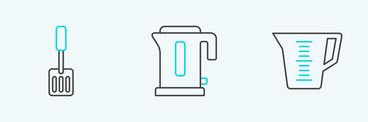 Set line Measuring cup, Spatula and Electric kettle icon. Vector