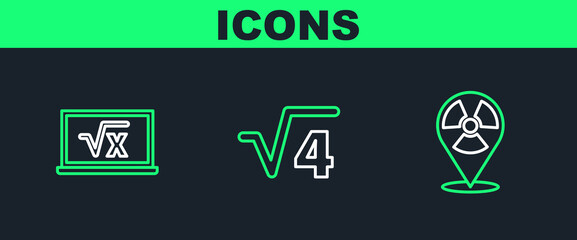 Set line Radioactive in location, Square root of x glyph and 4 icon. Vector