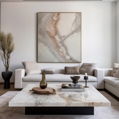 Marble stone coffee table near white sofa. Interior design of modern living room