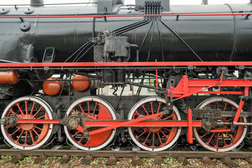 Steam train locomotive close up.