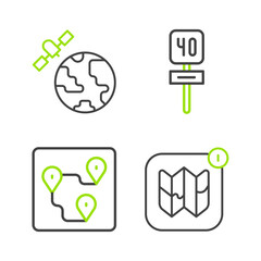 Set line Infographic of city map, Route location, Road traffic sign and Satellites orbiting the planet icon. Vector