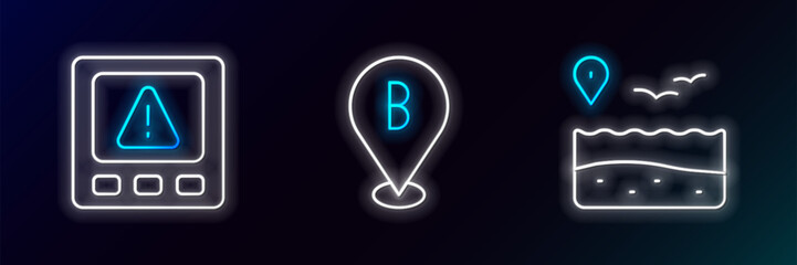 Set line Location with beach, Gps device error and icon. Glowing neon. Vector