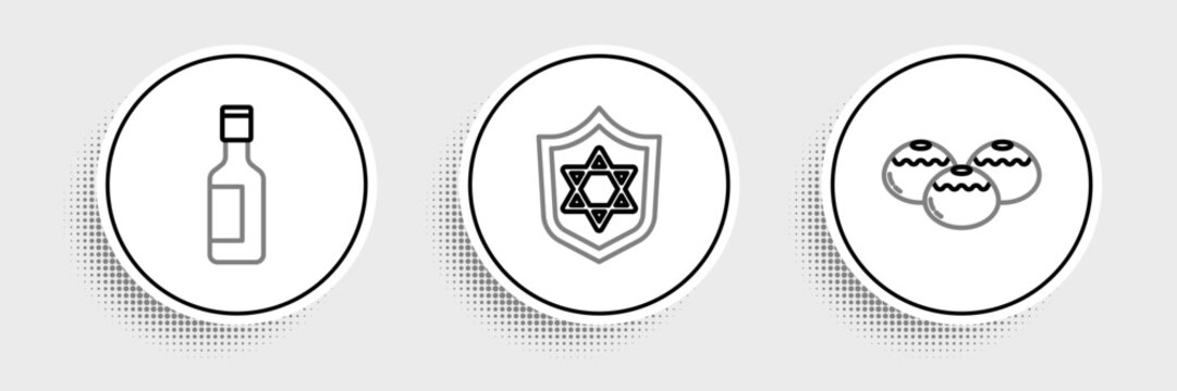 Set line Jewish sweet bakery, wine bottle and Shield with Star of David icon. Vector
