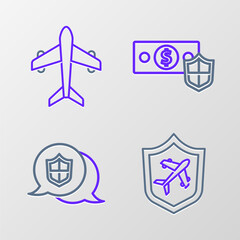 Set line Plane with shield, Location, Money and icon. Vector