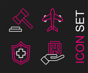 Set line House in hand, Life insurance with shield, Plane and Judge gavel icon. Vector
