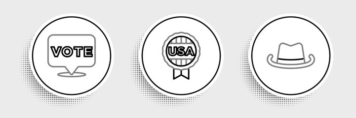 Set line Western cowboy hat, Vote and Medal with star icon. Vector